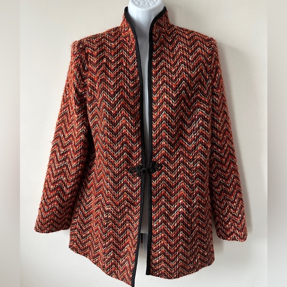 Vintage Chevron ZigZag Tweed Jacket w Mandarin Collar Pankou Knotted Button  8 - Picture 3 of 8